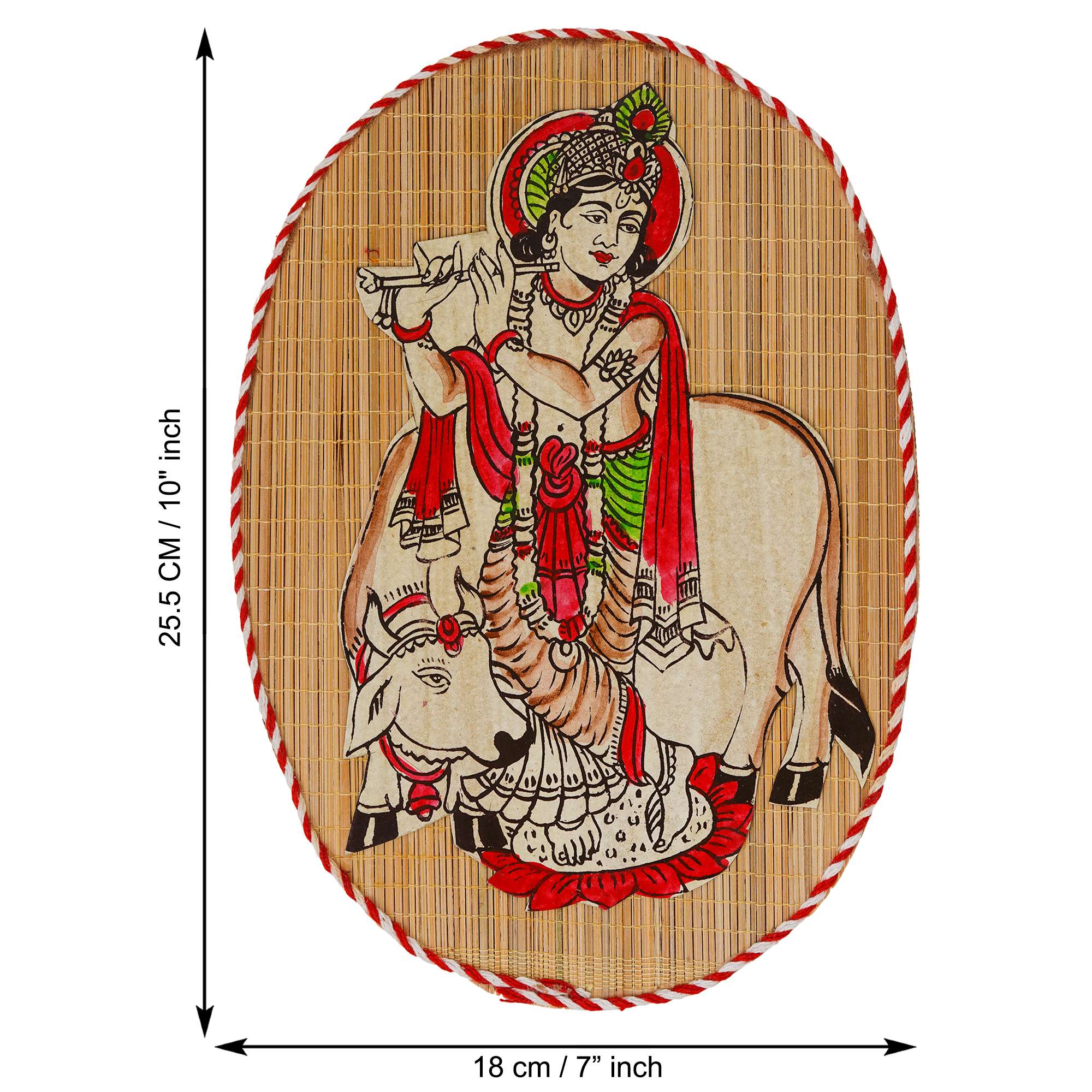 Oval Shaped Design Bamboo Hand Crafted Wall Hangings Of Krishna Ji With Holy Cow For Home Decor | Bamboo Art For Wall Decor - Image 2