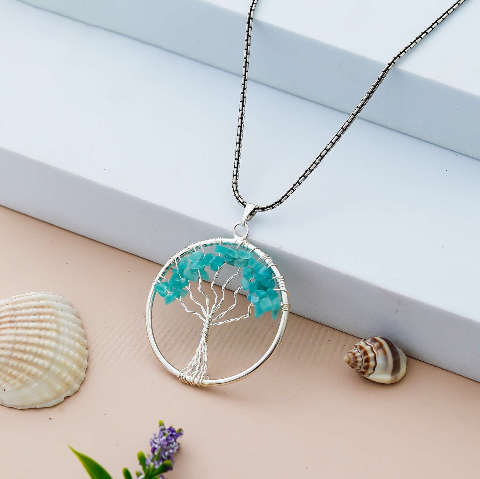 Amazonite Pendant Tree of Life Crystal Stone Pendant Locket with Metal Chain for Healing Crystal Healing Gemstone Size 35-40 mm Amazonite